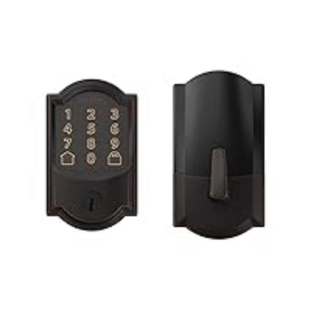 Schlage Lock Company BE489WB CAM 716 Schlage Encode Smart WiFi Deadbolt with Camelot Trim in Aged Bronze, Company Camelot Front Entry Handle Georgian Interior Knob (Aged Bronze)