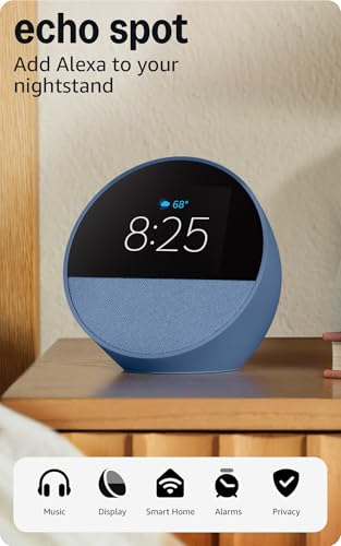 Amazon Echo Spot, Great for nightstands, offices and kitchens, Smart alarm clock, Designed for Alexa+, Black
