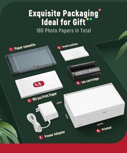 Liene M100 4x6'' Photo Printer Bundle (180 pcs +5 Ink Cartridges), Wi-Fi Picture Printer for iPhone, Android, Smartphone, Computer, Dye-Sublimation, Portable for Home Use