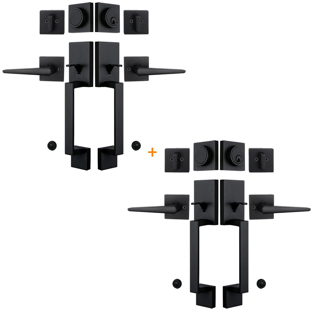 Exterior Double Door Lever Handleset,Solid Door Handle Lock Set (Keyed and Dummy Set) - Matte Black,MDHST2017DB-SET-BR