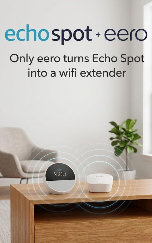 Amazon Echo Spot (newest model), Great for nightstands, offices and kitchens, Smart alarm clock, Designed for Alexa+, Glacier White (Pack of 2)
