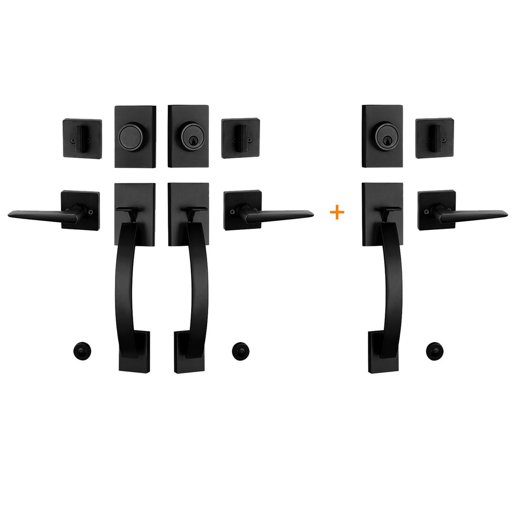 Exterior Double Door Lever Handleset,Solid Door Handle Lock Set (Keyed and Dummy Set) - Matte Black,MDHST2017DB-SET-BR