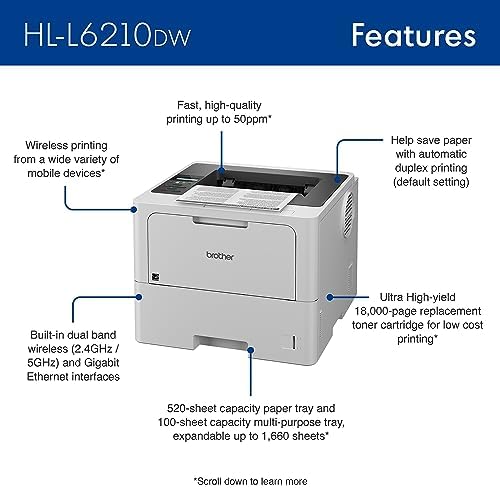 Brother Laser Printer, Monochrome Duplex Wireless Printer, HL-6210DW