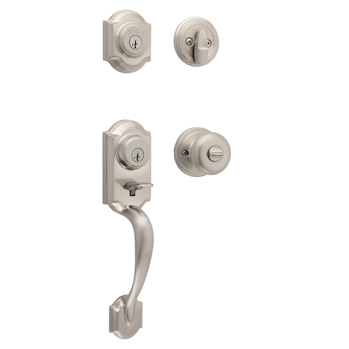 Kwikset Montara Front Door Lock Handle and Deadbolt Set, Entry Handleset Exterior with Juno Interior Door Knob, Polished Brass Pick Resistant SmartKey Rekey Deadbolt Security