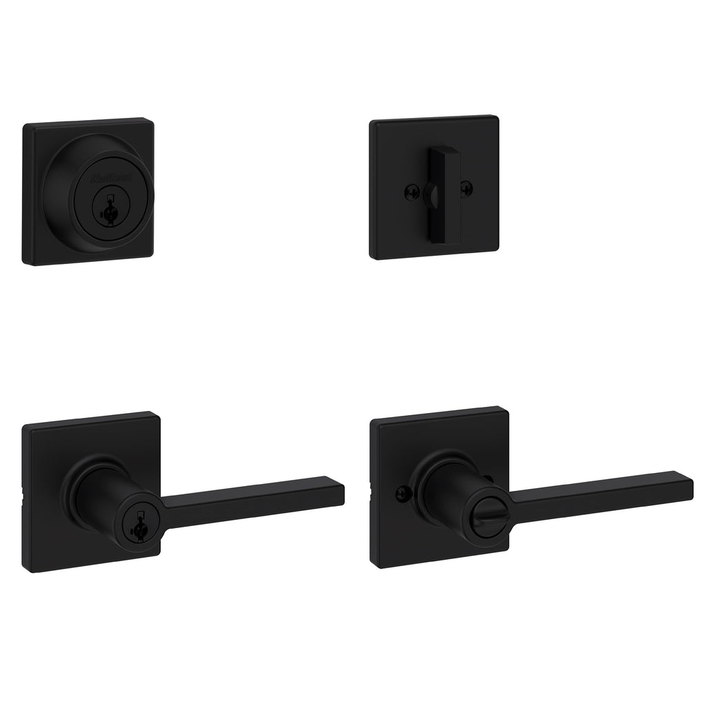 Kwikset Casey Entry Door Handle with Lock and Key, Secure Keyed Reversible Lever Exterior, for Front Entrance and Bedrooms, Matte Black, 4 Pack, Pick Resistant SmartKey Rekey Security and Microban