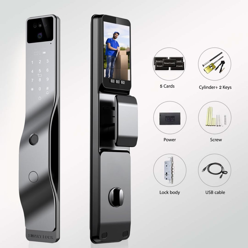 3D Face Recognition Smart Door Lock with 1080p Camera – Keyless Entry Deadbolt with Palm Vein, Fingerprint, Video Intercom, Alexa compatible & Tuya App Control, Auto-Lock for Front Door Home Security