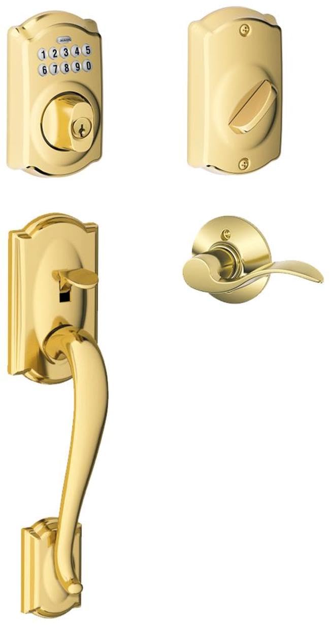 Schlage FE365-CAM-ACC-LH Left Handed Camelot Electronic Handleset with Accent Le, Lifetime Polished Brass