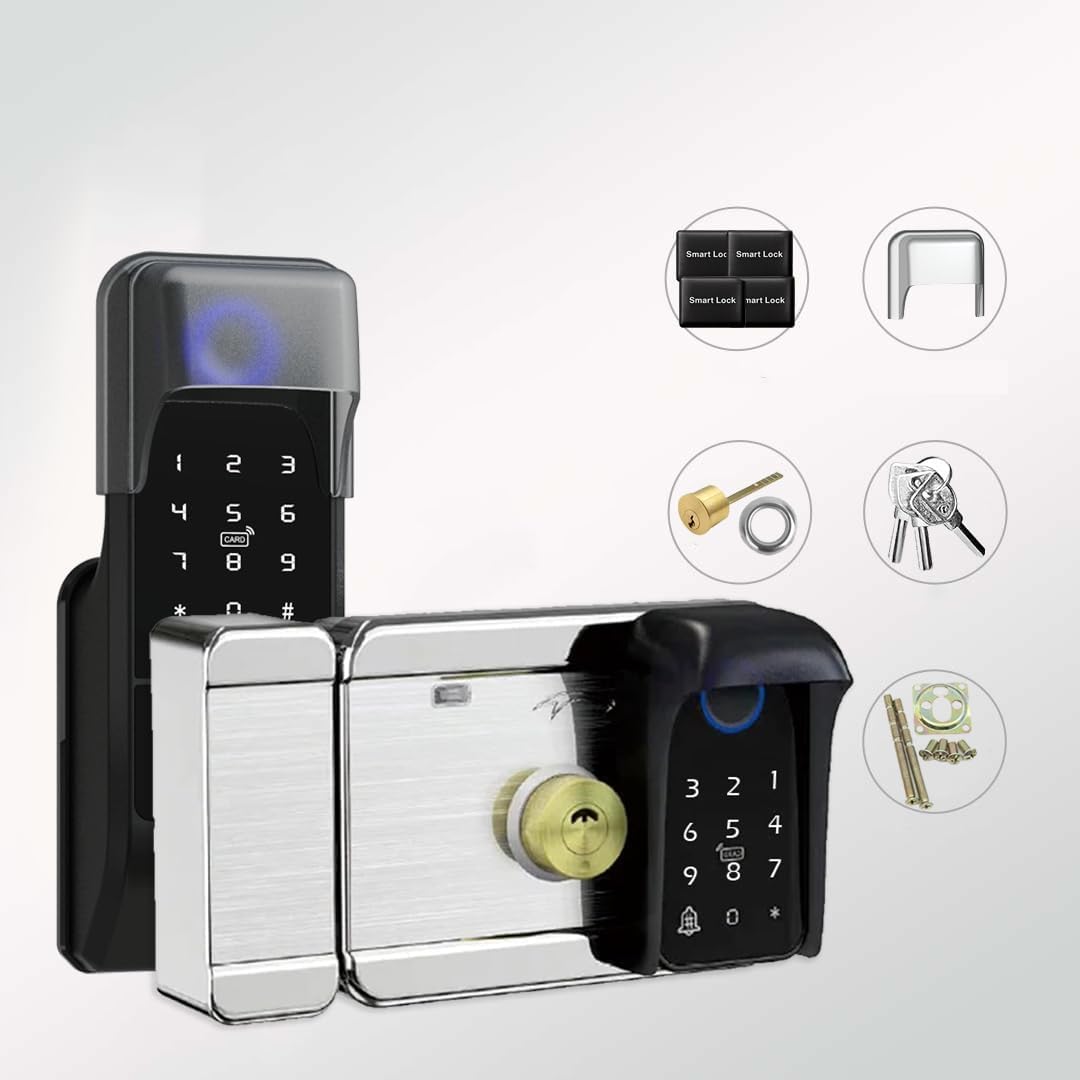smart latch double gate lock, electronic gate latch for outdoor fence, waterproof keyless smart rim lock, electric double sided keypad locks, Fingerprint, Passcode, Key, IC Card, Tuya App (Matte Black)