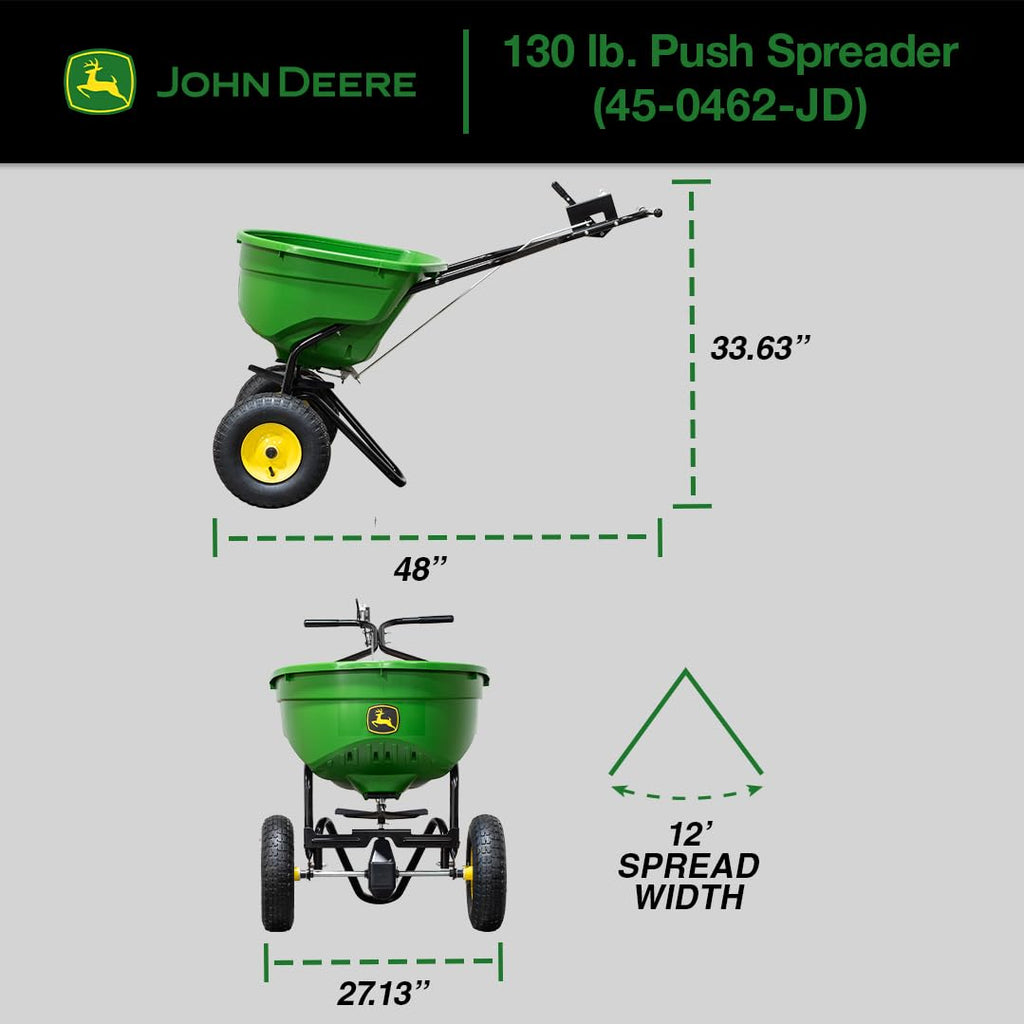 John Deere Push Broadcast Spreader for Fertilizer, Grass Seed and Ice Melt, 130 lb Capacity Lawn & Garden Spreader with 12 Ft Spread Width