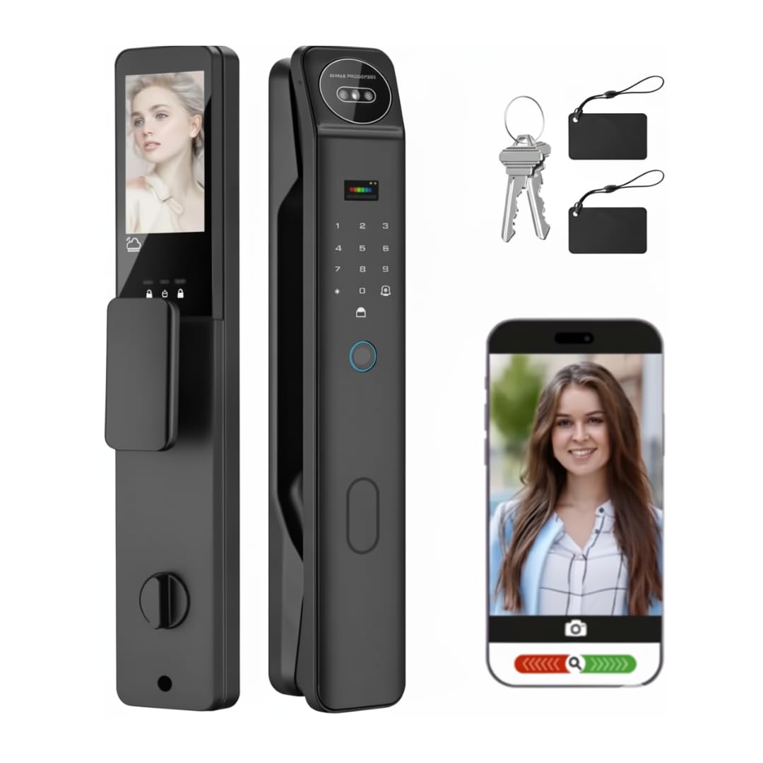 3D Face Recognition Smart Door Lock with Video Intercom, Biometric Palm Vein & Fingerprint Keyless Entry, 1080P HD Camera, Tuya App Control, Alexa Compatible, IP65 Waterproof, 5 Ways to Unlock