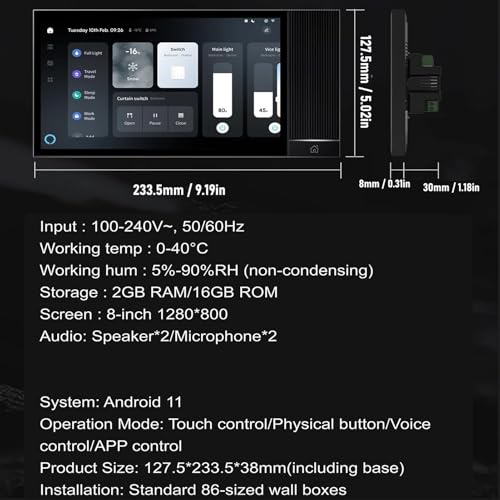 8 Inch Smart Control Touch Screen, WiFi Bluetooth 5.2 Smart Home Control Panel with APP, 2GB RAM and 16GB ROM, Supports External Sound Connections