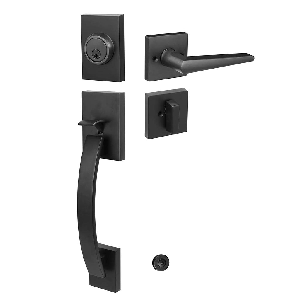 Exterior Double Door Lever Handleset,Solid Door Handle Lock Set (Keyed and Dummy Set) - Matte Black,MDHST2017DB-SET-BR