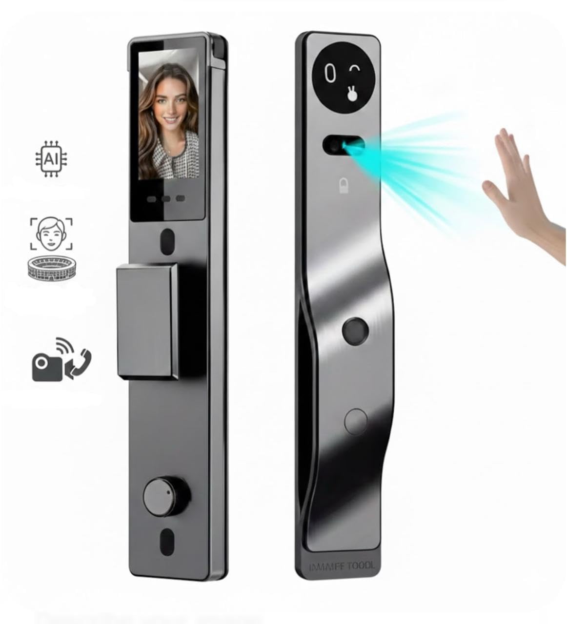 Zonixtec 3D Face Recognition Smart Lock with Camera, AI Palm Vine & Biometric Fingerprint Entry, Tuya App Remote Control, Digital Touchscreen Keypad, 6068 Mortise, Gray Aluminum Alloy