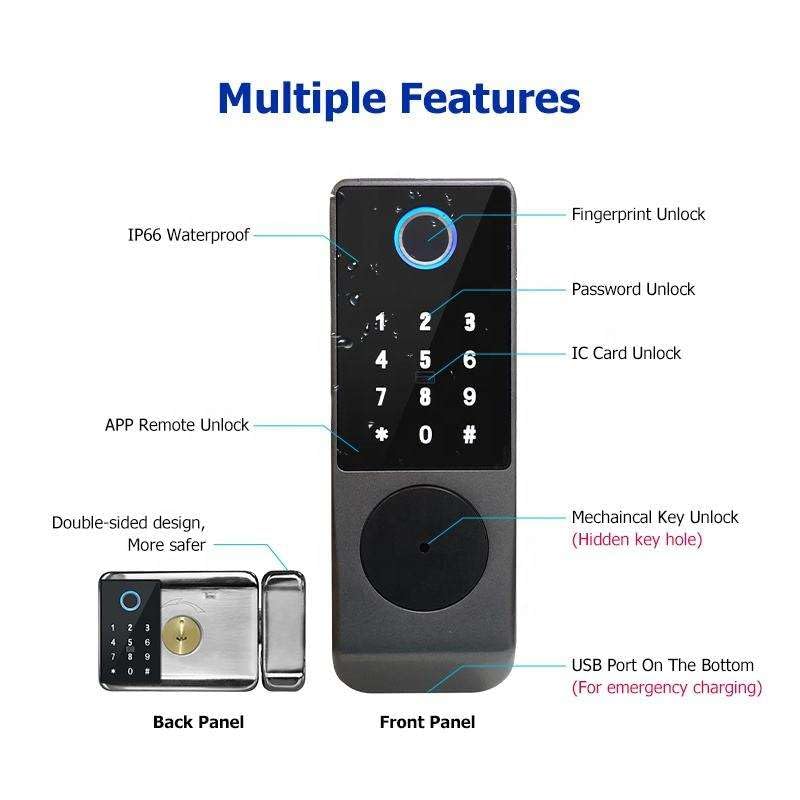smart latch double gate lock, electronic gate latch for outdoor fence, waterproof keyless smart rim lock, electric double sided keypad locks, Fingerprint, Passcode, Key, IC Card, Tuya App