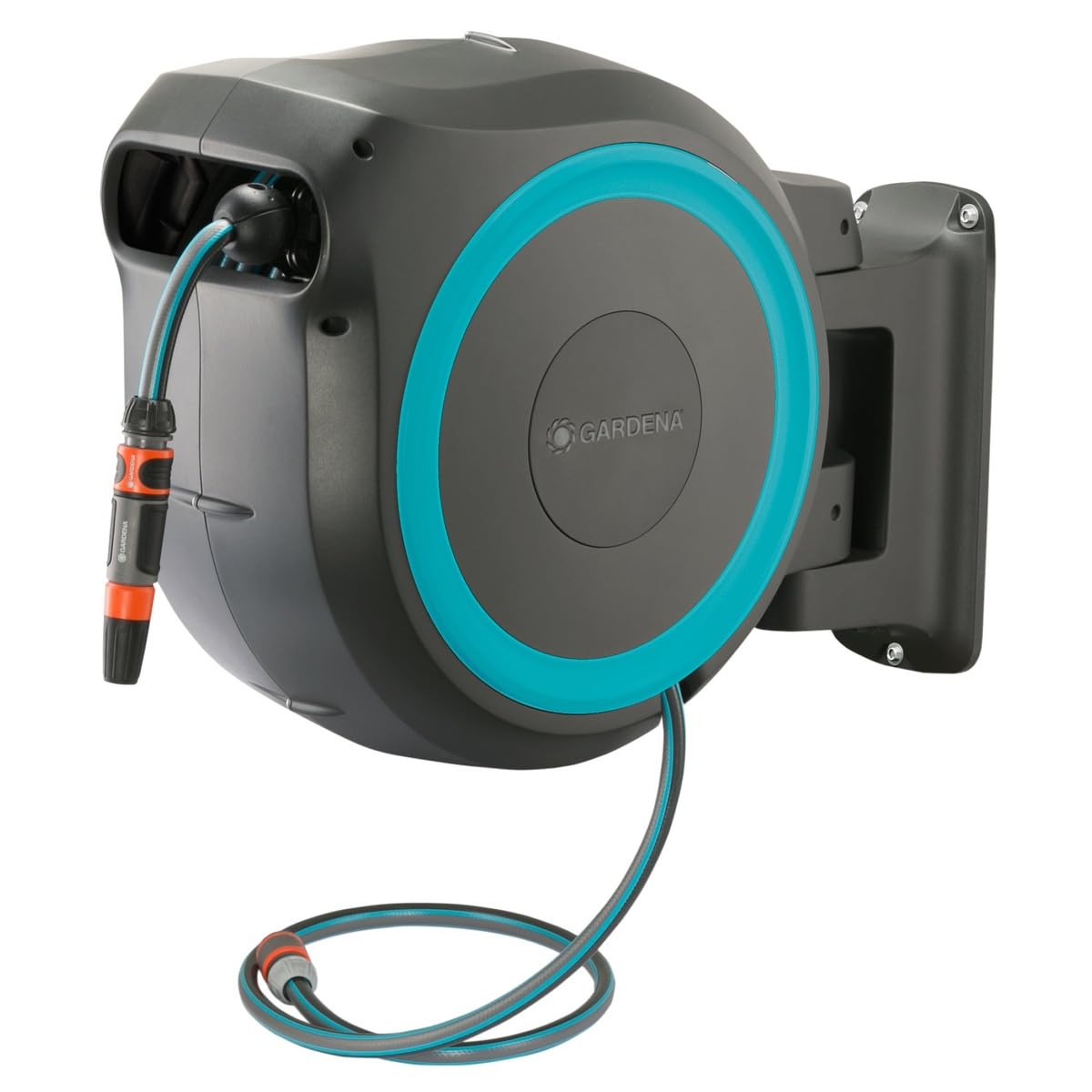 GARDENA Retractable Garden Hose Reel - 115 Feet - Auto Retract Hose Reel with 180° Swivel Wall Mount - Heavy Duty - Integrated Spray Nozzle - 18630