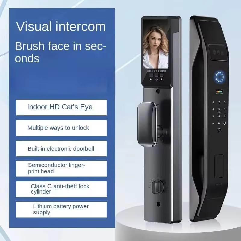3D Face Recognition Smart Door Lock with Video Intercom, Tuya App Remote Access, Biometric Fingerprint & Palm Print Unlock, Heavy Duty Aluminum Mortise Lock for Home & Office (Black)