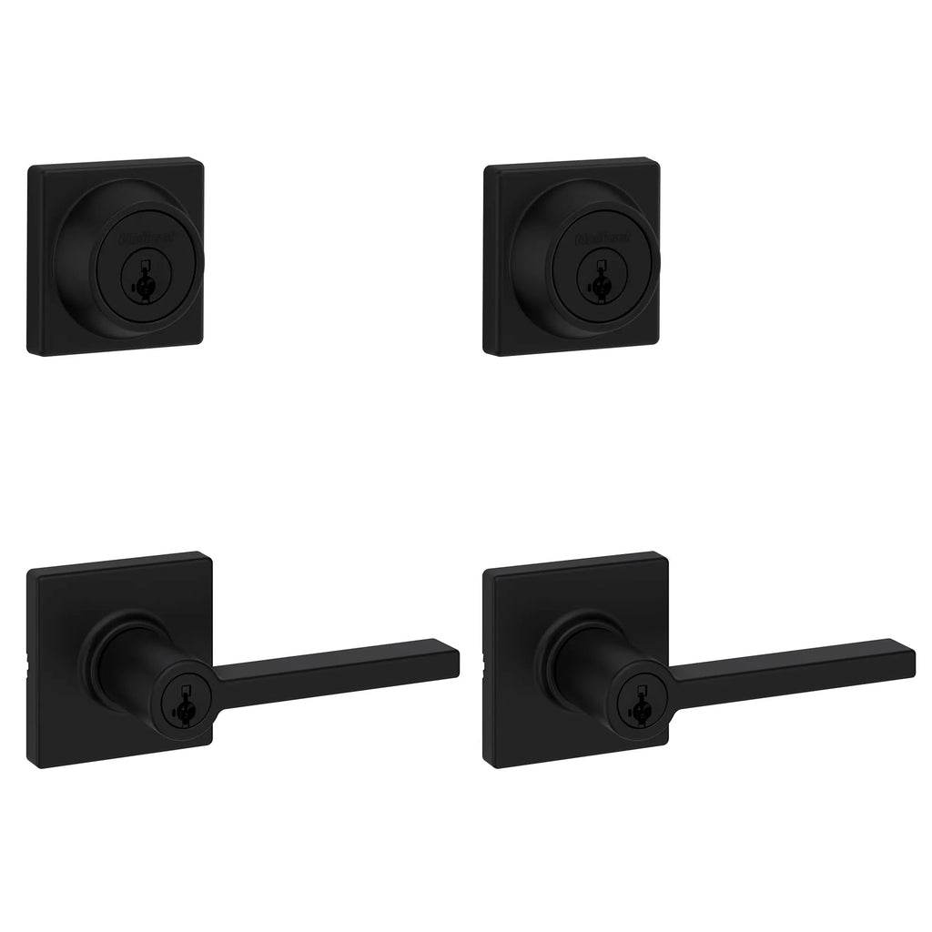 Kwikset Casey Entry Door Handle with Lock and Key, Secure Keyed Reversible Lever Exterior, for Front Entrance and Bedrooms, Matte Black, 4 Pack, Pick Resistant SmartKey Rekey Security and Microban