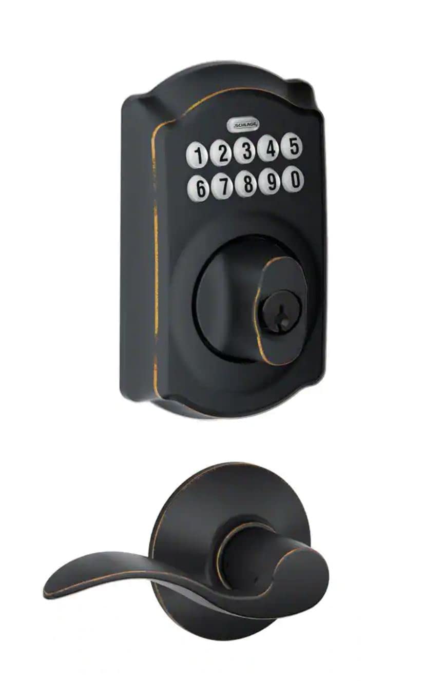 Schlage FBE365 V CAM 716 Acc Camelot Aged Bronze Electronic Door Lock Deadbolt with Accent Door Lever Combo