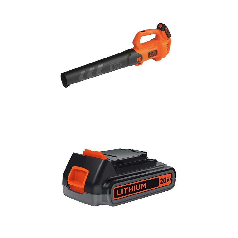 BLACK+DECKER 20V MAX Cordless Leaf Blower with Battery and Charger, Powerful 2-Speed, Up to 90 MPH and 320 CFM Axial Lightweight Electric Leaf Blower (BCBL700D1)
