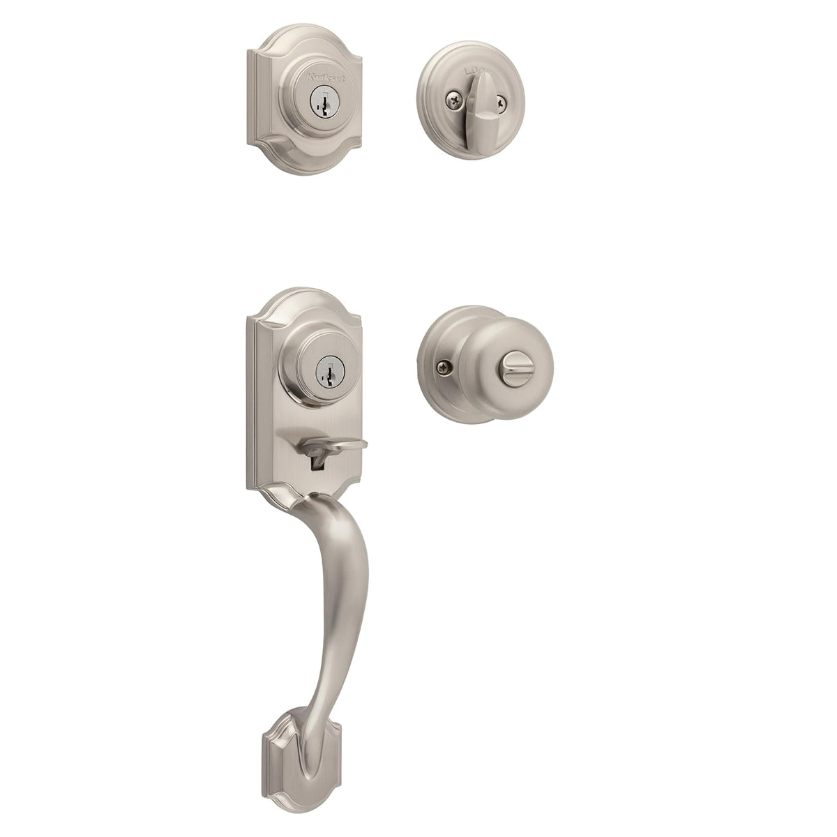 Kwikset Montara Front Door Lock Handle and Deadbolt Set, Entry Handleset Exterior with Juno Interior Door Knob, Polished Brass Pick Resistant SmartKey Rekey Deadbolt Security