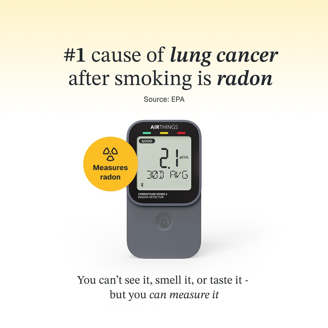 Airthings 325 Corentium Home 2 Smart Digital Radon Detector - Portable and Easy-to-use Radon Testing with Bluetooth connectivity and Humidity & Temperature Sensors