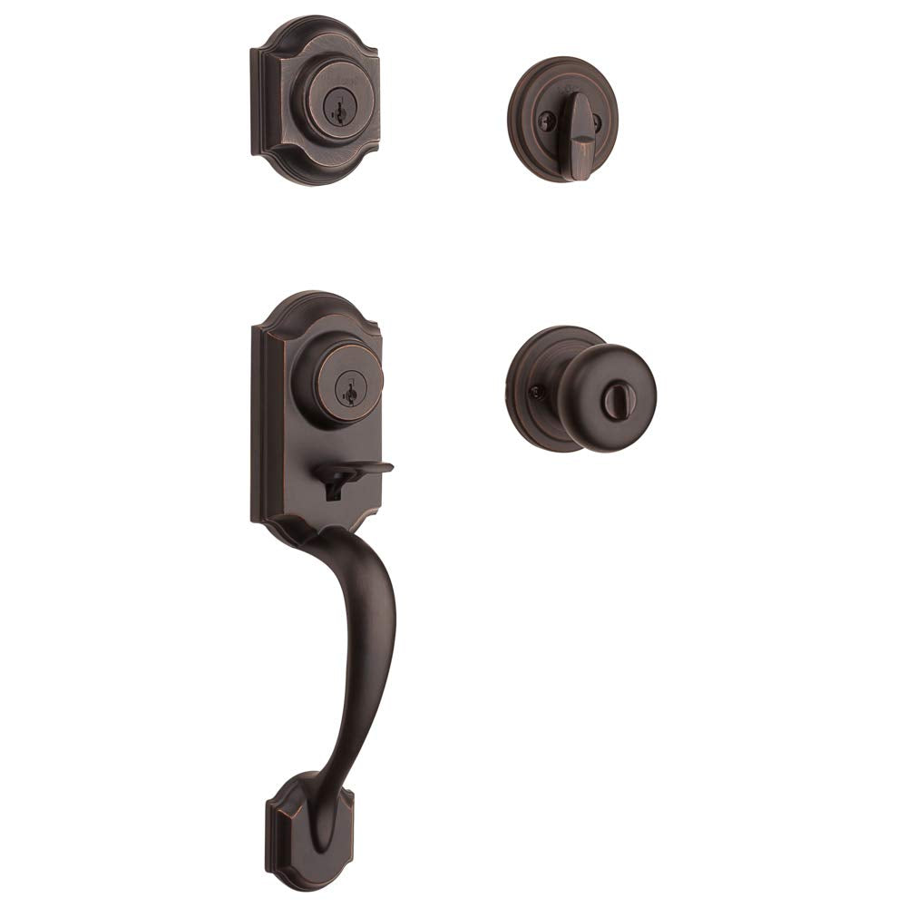 Kwikset Montara Front Door Lock Handle and Deadbolt Set, Entry Handleset Exterior with Juno Interior Door Knob, Polished Brass Pick Resistant SmartKey Rekey Deadbolt Security