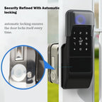 smart latch double gate lock, electronic gate latch for outdoor fence, waterproof keyless smart rim lock, electric double sided keypad locks, Fingerprint, Passcode, Key, IC Card, Tuya App (Matte Black)
