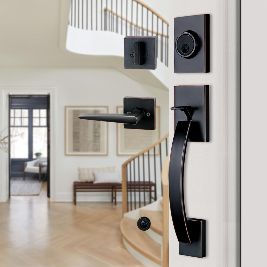 Exterior Double Door Lever Handleset,Solid Door Handle Lock Set (Keyed and Dummy Set) - Matte Black,MDHST2017DB-SET-BR