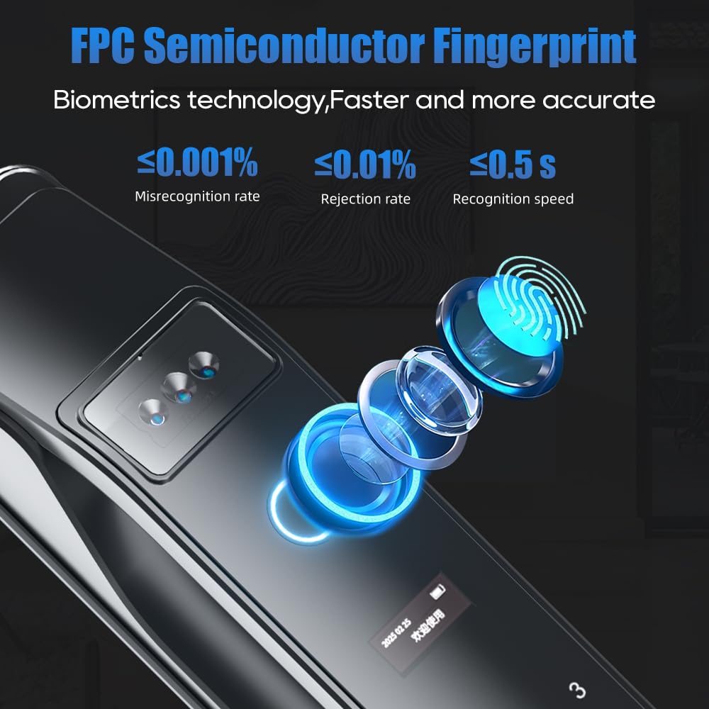 3D Face Recognition Smart Lock with Camera, Palm Vein Door Lock, Keyless Entry Fingerprint Smart Mortise Lock for Front Door, 4" HD Screen,Auto-Lock,Compatible with Tuya App, Front Door Security