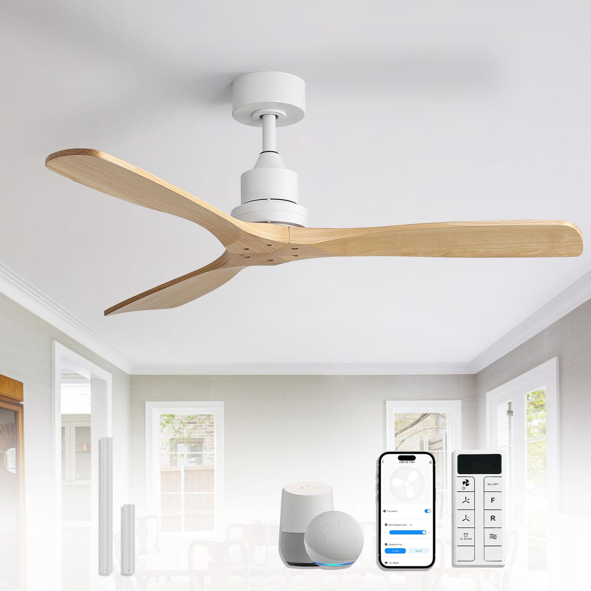 Sofucor 48 Inch Smart Wood Ceiling Fans with Lights, Flush/Downrod Mount