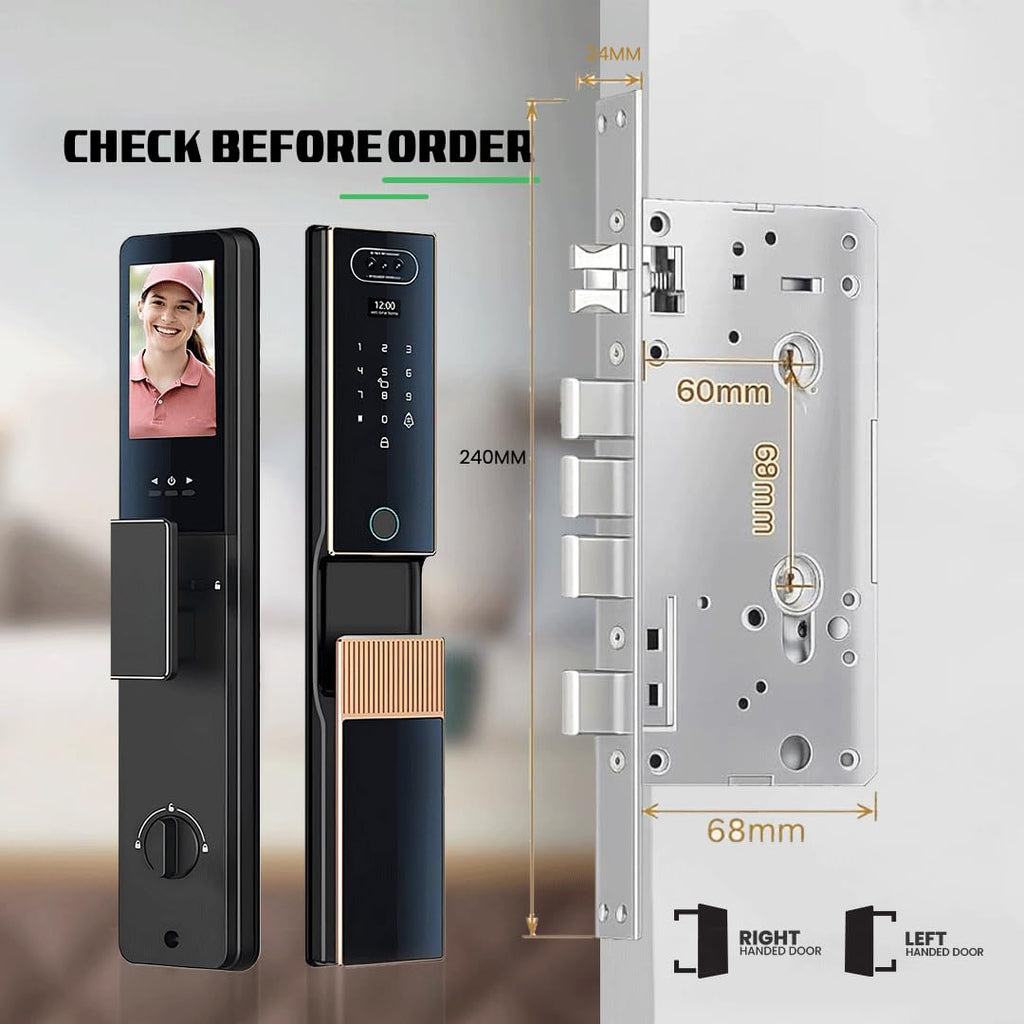 Smart Door Lock with Face Recognition & Camera, Video Monitor, 7-in-1 Keyless Entry: Palm Vein, Fingerprint, Keypad, App - Weatherproof Digital Deadbolt for Home Security (Gold)