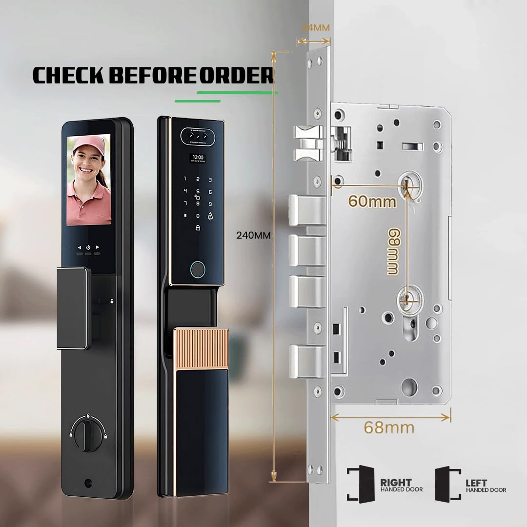 Smart Door Lock with Face Recognition & Camera, Video Monitor, 7-in-1 Keyless Entry: Palm Vein, Fingerprint, Keypad, App - Weatherproof Digital Deadbolt for Home Security (Gold)