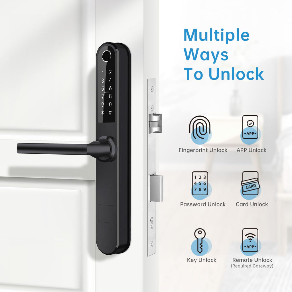Luston Slim Smart Lock Front Door Stainless Steel Waterproof Mortise Lock,Keyless Entry Door Lock,WiFi Bluetooth Fingerprint Digital Keypad Aluminum Swing Door Lock with Handle(Black)