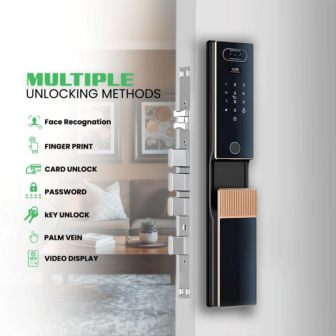 Smart Door Lock with Face Recognition & Camera, Video Monitor, 7-in-1 Keyless Entry: Palm Vein, Fingerprint, Keypad, App - Weatherproof Digital Deadbolt for Home Security (Gold)