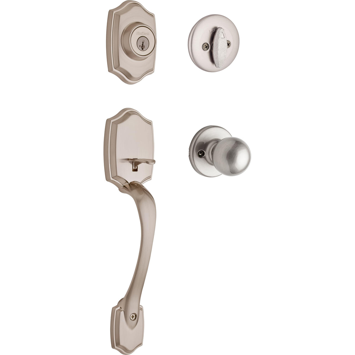 Kwikset Belleview Front Door Lock Handle and Deadbolt Set, Entry Handleset Exterior with Polo Interior Door Knob, Satin Nickel, Pick Resistant SmartKey Rekey Deadbolt Security