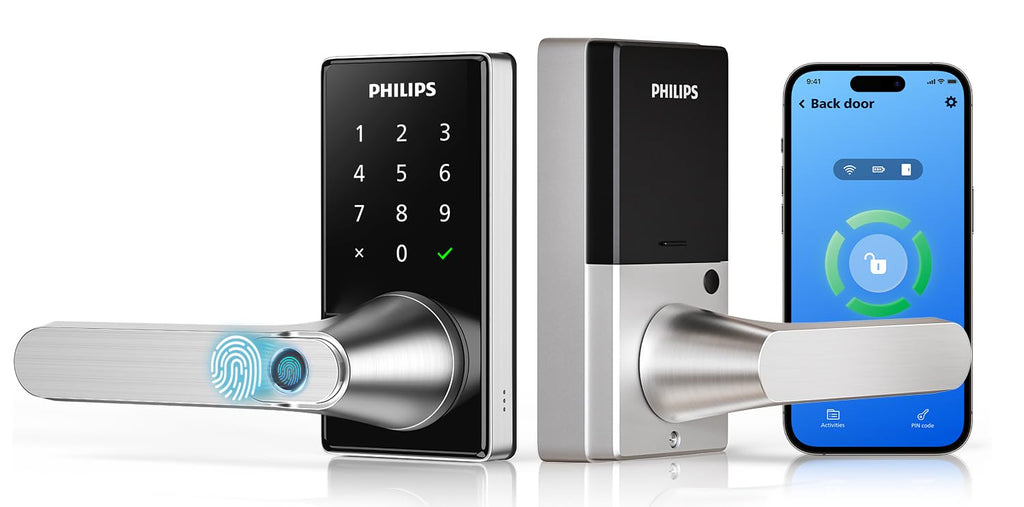 Philips Upgraded Wi-Fi Smart Lock with Handle, Keyless Entry Door Lock, Smart Door Knob, Fingerprint Unlock, App Remote Control, Auto-Lock, Keypad Deadbolt with Lever for Bedrooms, Office, Front Door