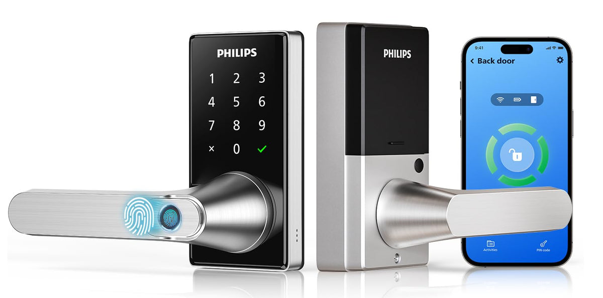 Philips Upgraded Wi-Fi Smart Lock with Handle, Keyless Entry Door Lock, Smart Door Knob, Fingerprint Unlock, App Remote Control, Auto-Lock, Keypad Deadbolt with Lever for Bedrooms, Office, Front Door