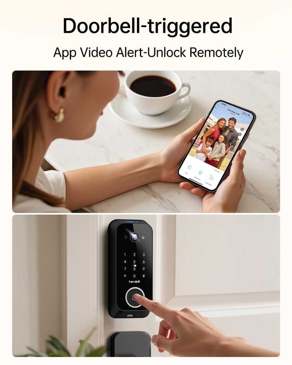 Hornbill Video Smart Lock with Camera: 10-in-1 Ring+2K Camera+Doorbell+Fingerprint Keyless Entry Door Lock, Built-in WiFi Deadbolt(only 2.4G), Two-Way Audio/App Remote Control/PIR, No Monthly Fee