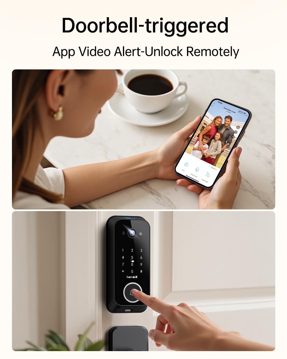 Hornbill Video Smart Lock with Camera: 10-in-1 Ring+2K Camera+Doorbell+Fingerprint Keyless Entry Door Lock, Built-in WiFi Deadbolt(only 2.4G), Two-Way Audio/App Remote Control/PIR, No Monthly Fee