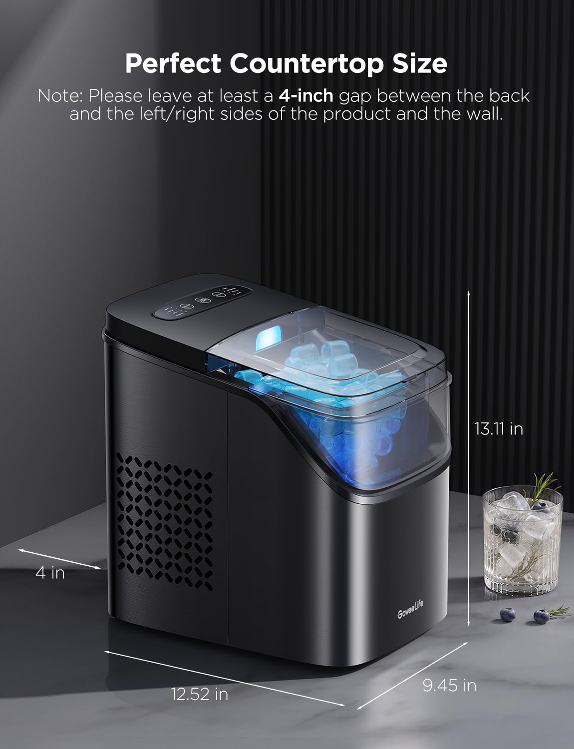 GoveeLife Smart Ice Maker Countertop, Portable Ice Machine with Voice Control, 9 Ice Cubes in 6 Minutes 3 Sizes, 26lbs/24Hrs, Self Cleaning RGB Lights, Quiet Ice Maker with Scoop for Kitchen Black