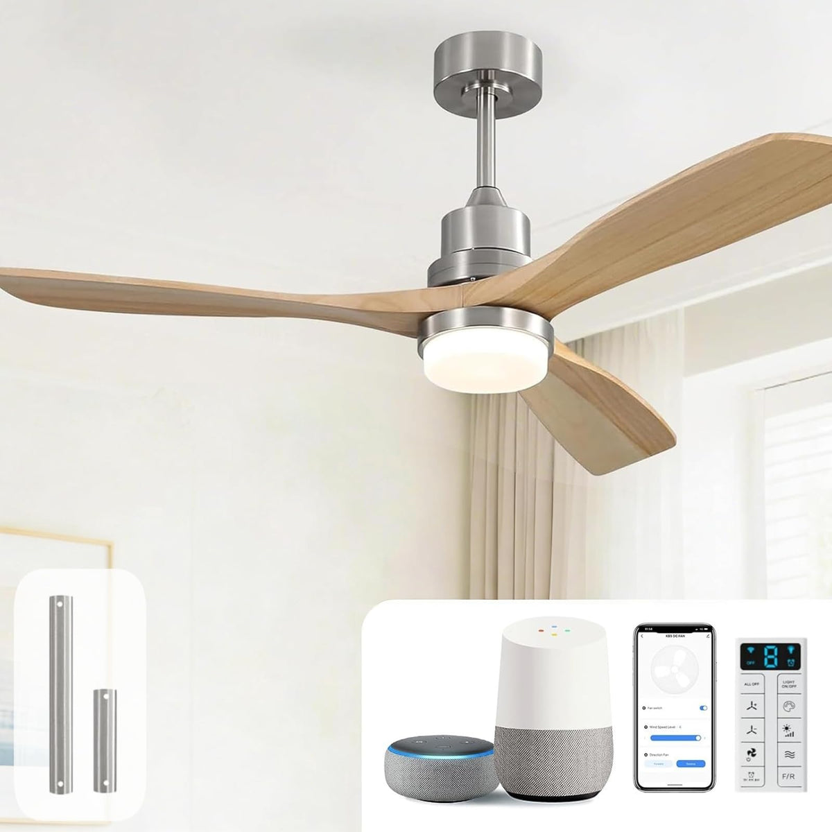 Sofucor 48 Inch Smart Wood Ceiling Fans with Lights, Flush/Downrod Mount
