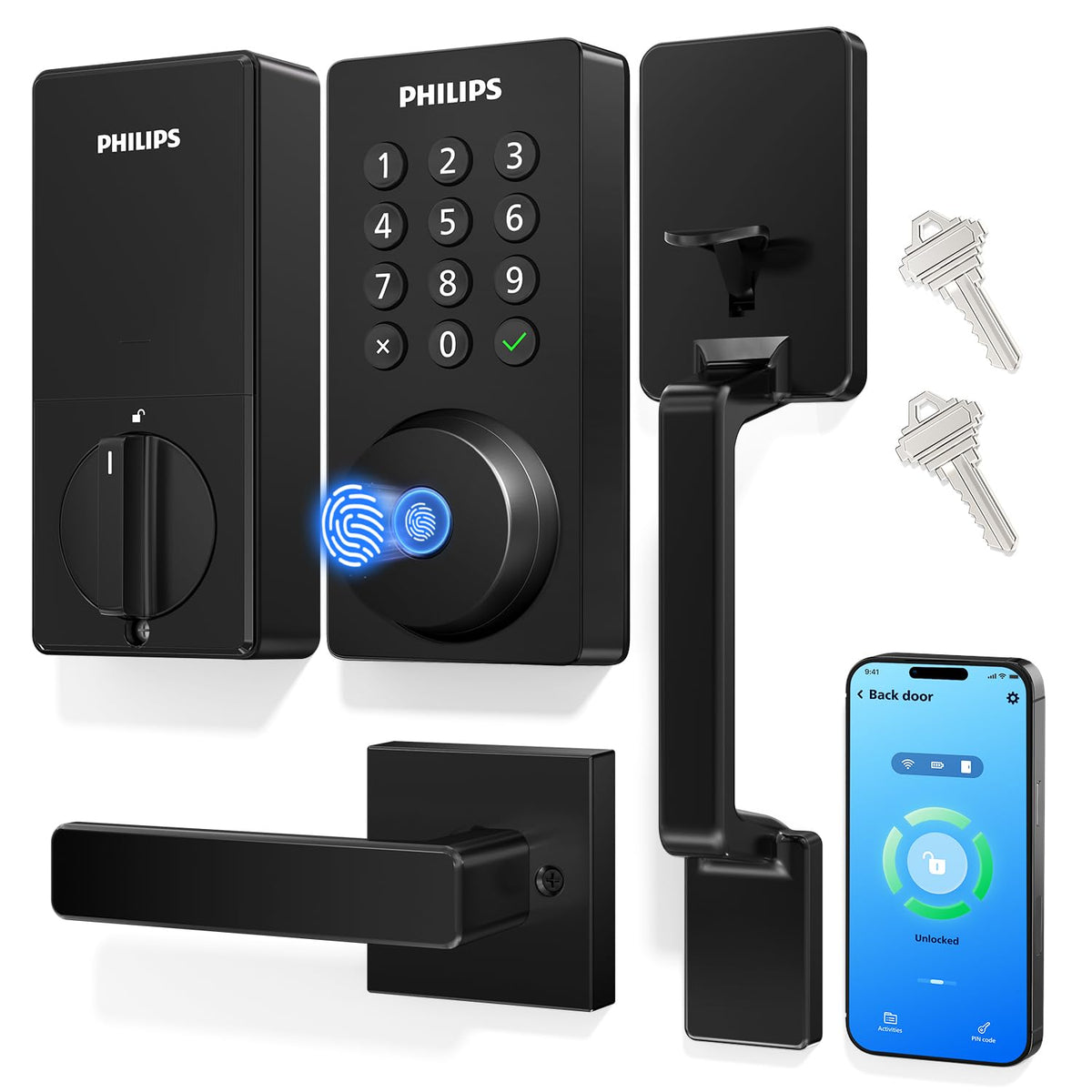 Philips Upgraded Wi-Fi Smart Front Door Lock Set, Fingerprint Keyless Entry Deadbolt, Keypad Lock with Handle, App Remote Control, IP53 Waterproof, Auto Lock, Anti-Peeping Password, Easy Install