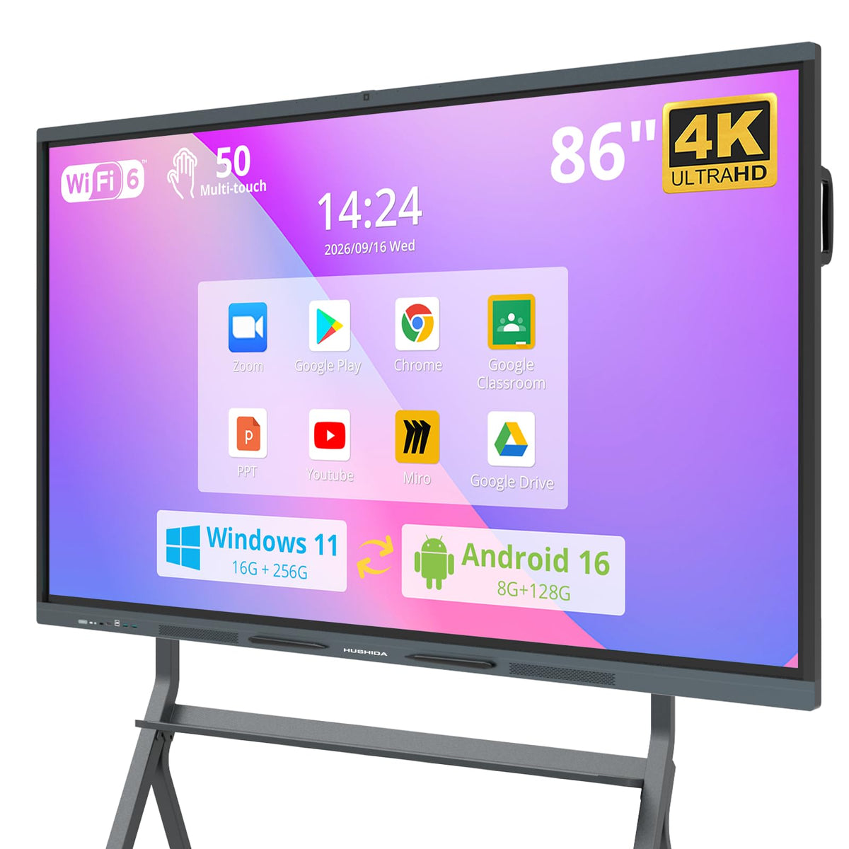 75" AI Pro Smart Board for Classroom & Office, Android 16 & Win 11 16G RAM+256G ROM, 48MP Camera Build in 4K UHD Interactive Whiteboard with Touchscreen & 8 Mic Array,Electronic Whiteboard for Meeting