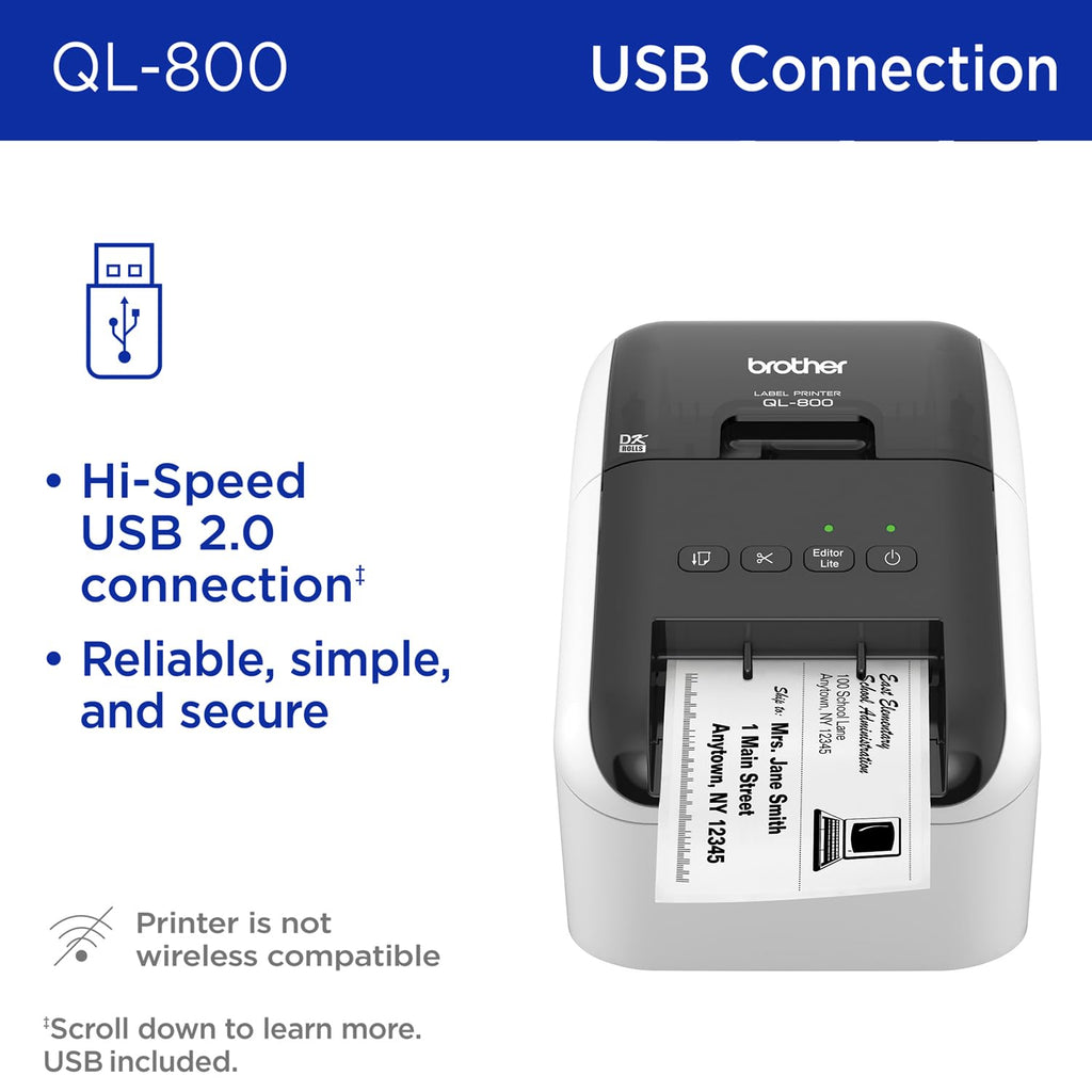 Brother QL-800 High-Speed Professional Printer, Plug & Label, DK Pre-Sized, Multi-System Compatible, Black & Red, USB Cable Included
