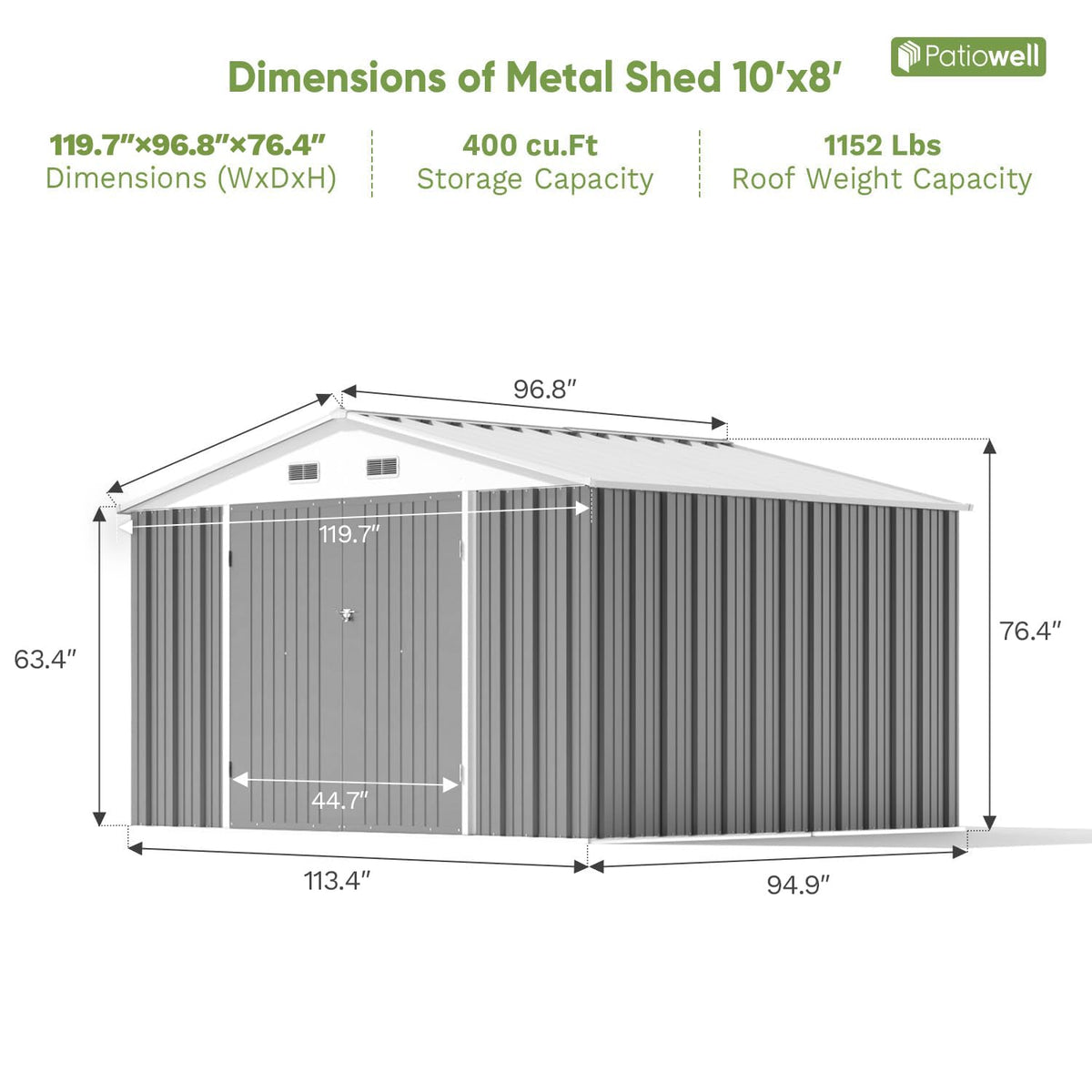 Patiowell Outdoor Storage Shed, 10 x 8 FT, Grey
