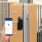 smart latch double gate lock, electronic gate latch for outdoor fence, waterproof keyless smart rim lock, electric double sided keypad locks, Fingerprint, Passcode, Key, IC Card, Tuya App (Matte Black)