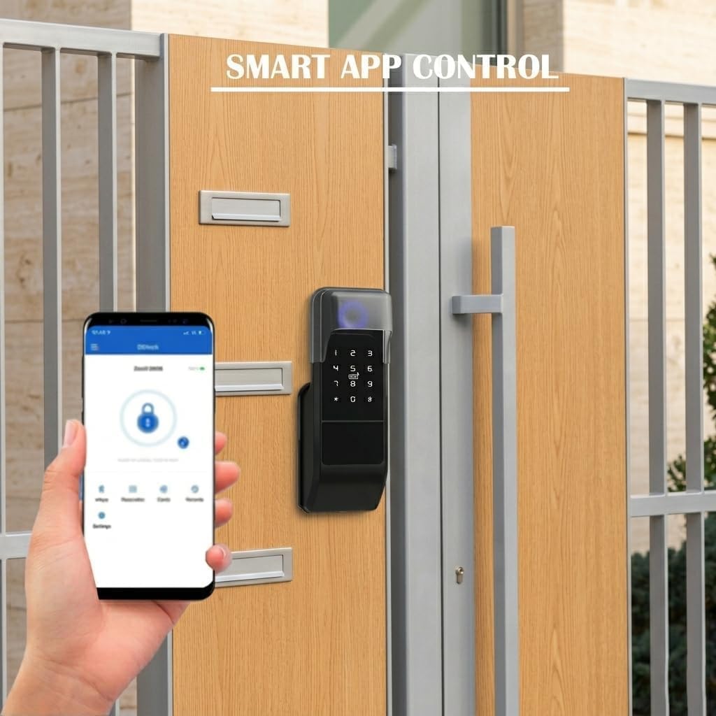 smart latch double gate lock, electronic gate latch for outdoor fence, waterproof keyless smart rim lock, electric double sided keypad locks, Fingerprint, Passcode, Key, IC Card, Tuya App (Matte Black)