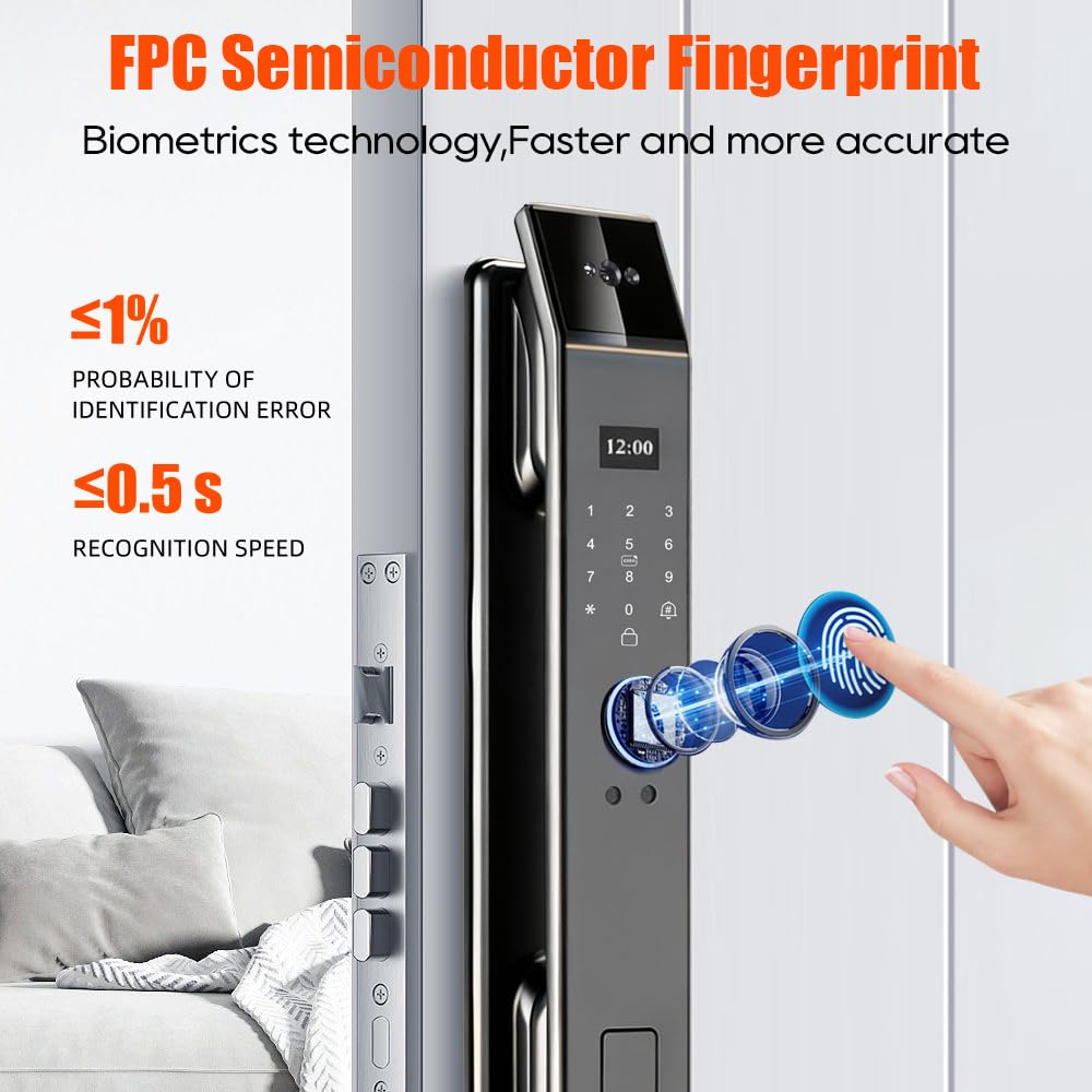 Smart Door Lock with 3D Face Recognition & Camera, Intercome, Doorbell, Fingerprint Keyless Entry, Password, IC Card, Key, Compatible with Tuya App Control, Smart Home Front Door Security