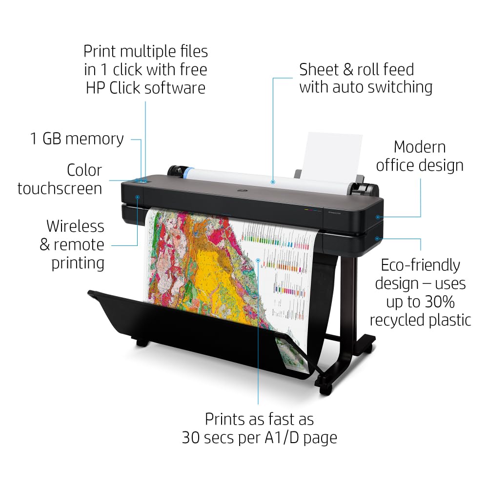 HP DesignJet T630 Large Format 36-inch Plotter Printer, with Auto Sheet Feeder, Media Bin & Stand (5HB11D)