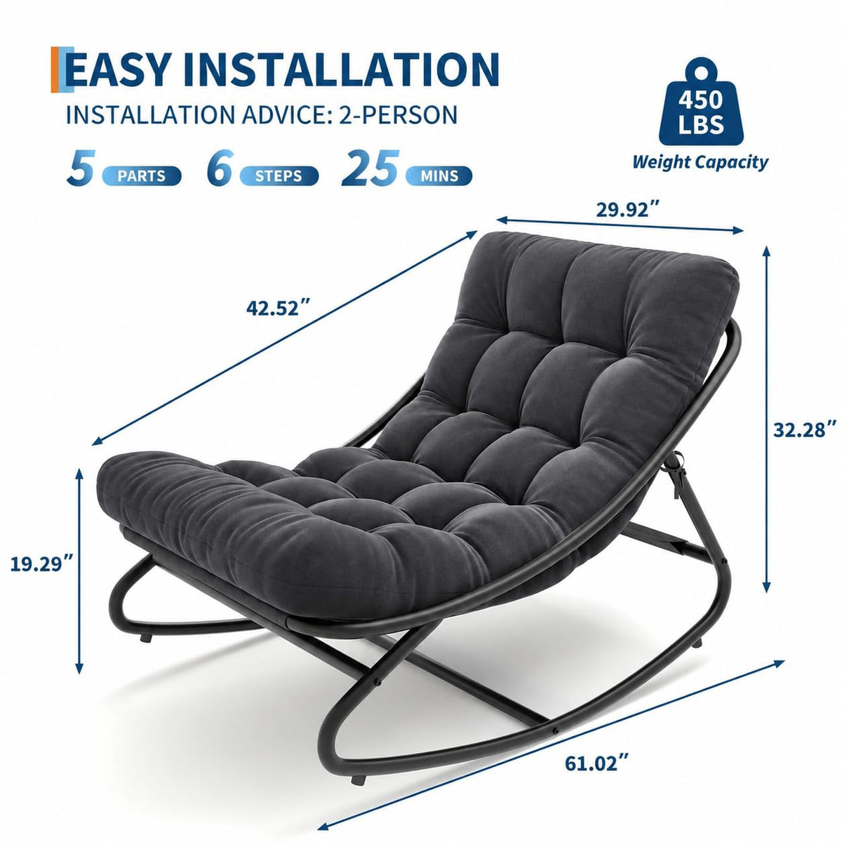 Indoor Outdoor Rocking Chair, Metal Frame Egg Rocker with Cushion
